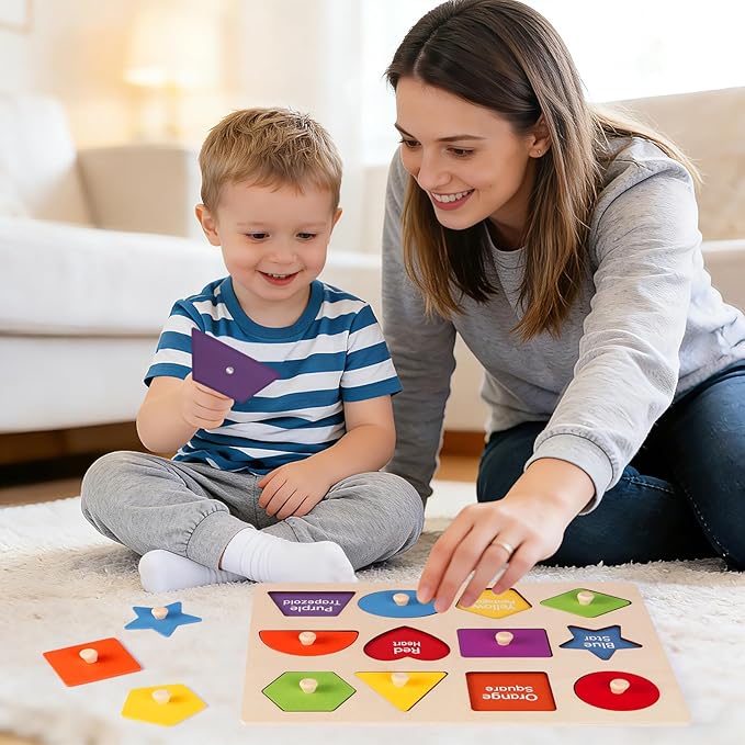 Montessori Wooden Peg Shape Puzzles for Toddlers 1-4, Sturdy Easy-Grip Educational Learning Toys, Perfect Birthday Gifts for Baby Boys Girls
