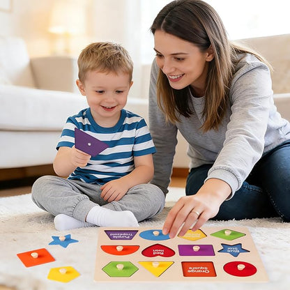 Montessori Wooden Peg Shape Puzzles for Toddlers 1-4, Sturdy Easy-Grip Educational Learning Toys, Perfect Birthday Gifts for Baby Boys Girls