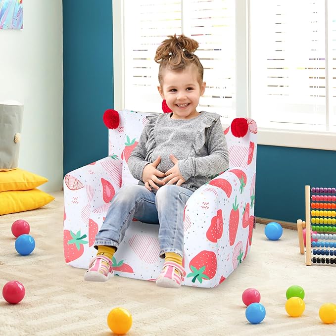 Costzon Kids Couch, Foam Filled Children's Sofa Armchair w/Padded Pillow, Washable Velvet Cover & Soft Sponge Filling, Upholstered Sofa Chair Gift for Preschool, Playroom, Toddler Couch (Strawberry)
