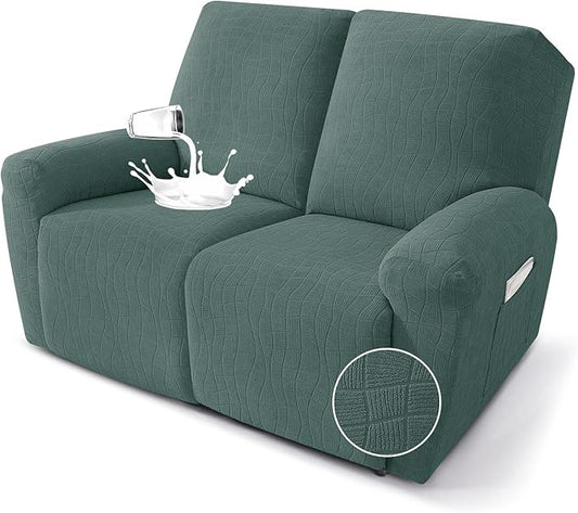 MAXIJIN Waterproof Loveseat Recliner Cover 4 Pieces Reclining Love Seat Slipcvers, Recliner Sofa Cover 2 Seater with Elastic Straps & Pockets for Pet, Kids (Loveseat Recliner, Pea Green)