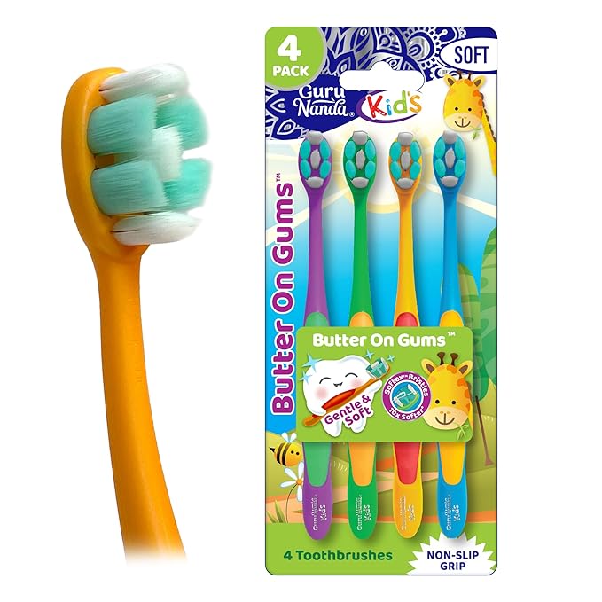 GuruNanda Butter On Gums Kids Toothbrush - 4 Pack Extra Soft Bristles Toothbrush for Kids, Multi-Colored & Fun to Use for Beginner Cleaning - Ergonomic Grip Handle - BPA & Cruelty-Free (Age 3+)