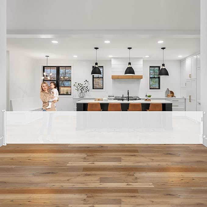 185 Inch Wide Retractable Baby Gates Outdoor Retractable Dog Gate Indoor Extra Long Baby Gate Retractable Pet Gate, Dog Gates for The House Extra Wide Baby Gate, Child Gates for Wide Openings, White