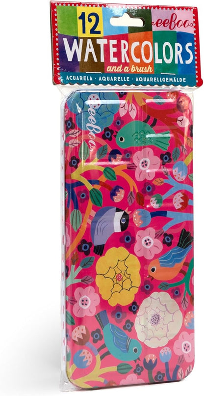 eeBoo: Birds in Fuchsia 12 Watercolors - Paint Set w Brush, Beautiful Design Tin Box, 12 Vibrant Colors, Kids Art Supplies, Ages 3+