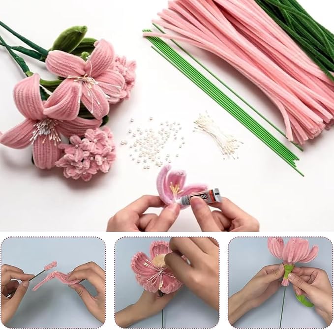 500 Pcs Pipe Cleaners Craft，5 Colors Pipe Cleaners Bulk,Chenille Stems Flowers Craft kit for DIY Handmade Bouquet Wrapping Party Decorations whit Ribbons，Stems,Tape，Stamens, Glue Sticks (Pink)