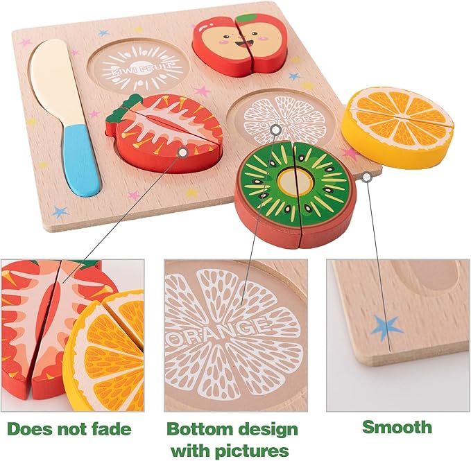 CUCOS Wooden Cutting Puzzles for Kids Ages 1-5 Years Old, Wooden Peg Fruit Toddler Puzzles, Learning Toys Educational Gift for Girls and Boys