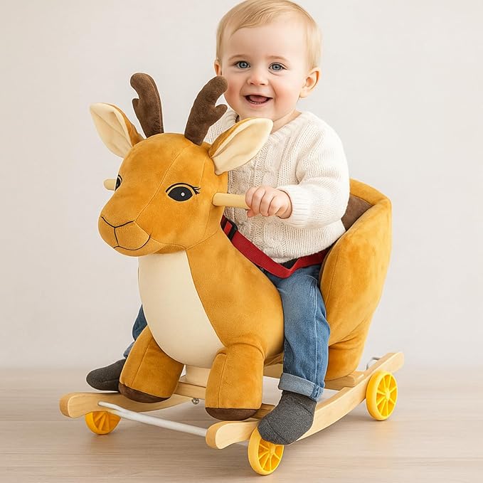 Toddler Rocking Horse Ride-on Toy 2-in-1 Convertible Rocker Pull Cart with Detachable Wheels, Music Player Safety Belt, Early Learning Baby Ride on Birthday Gift for 1-3 Year Old Boys Girls