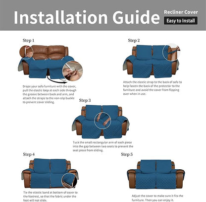 Easy-Going Oversized Loveseat Recliner Cover, Reversible Couch Cover for Double Recliner, Split Sofa Cover for Each Seat with Elastic Straps for Kids, Dogs(Oversized 2 Seater, Peacock Blue/Beige)