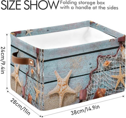 AUUXVA Summer Beach Sand Storage Basket Bin Rustic Wooden Starfish Large Fabric Toys Storage Cube Box with Handles Collapsible Closet Shelf Cloth Organizer Basket for Nursery Bedroom Bathroom