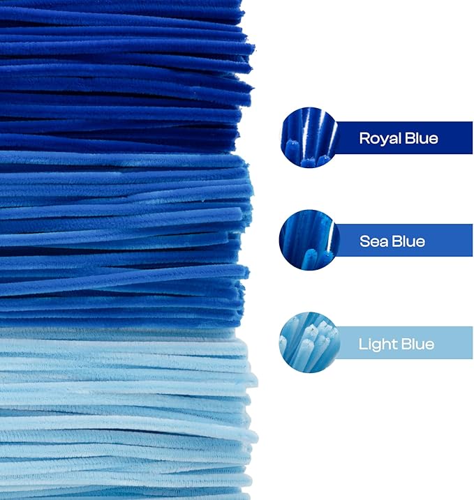 Caydo 300 Pieces Blue Pipe Cleaners, Thick Fluffy Chenille Stems, Pipe Cleaner Crafts for Arts & Crafts, Perfect for Making Animals, Flowers, and Mother's Day Decorations