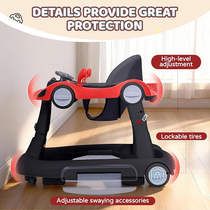 Baby Walker with Wheels, 5-in-1 Foldable Infant Toddler Walker for Boys Girls 6-18 Month, Music Walker for Baby with Car Steering Wheel &Removable Footrest,Baby Push Walker in Red and Black