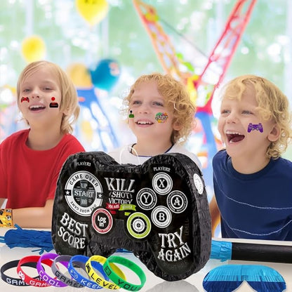 Video Game Pinata Set Video Game Party Favors Supplies for Boy Kids Gamer Party Game Controller Pinata with Straws Bracelets Stickers Keychain Confetti Tools for Party Decoration (Black)