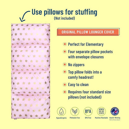 Wildkin Kids Floor Lounger: Ideal for Boys and Girls, Travel-Friendly, Perfect for Sleepovers - Pillow Lounger for Kids, Requires Standard Size Pillows Not Included (Pink and Gold Stars)