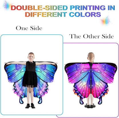 Butterfly Wings For Girls, Double-Sided Fairy Wings, Halloween Costumes for Kids, 3PCS Butterfly Cape Set.