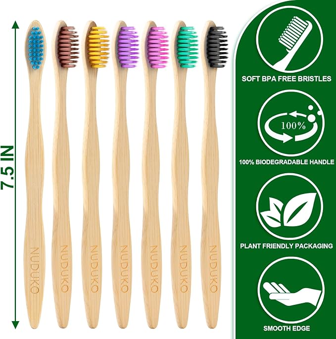 Biodegradable Bamboo Toothbrushes, 10 Piece BPA Free Soft Bristles Toothbrushes, Natural, Eco-Friendly, Green and Compostable (Multicolored Bristles)