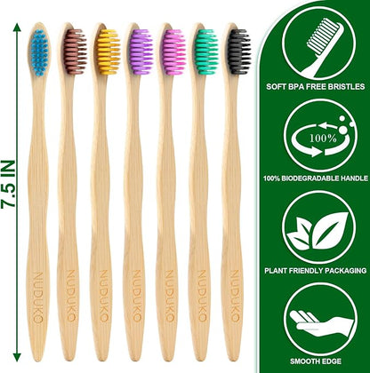 Biodegradable Bamboo Toothbrushes, 10 Piece BPA Free Soft Bristles Toothbrushes, Natural, Eco-Friendly, Green and Compostable (Multicolored Bristles)