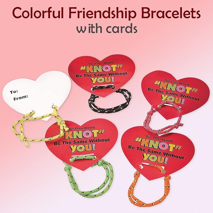 4E's Novelty Valentines Bracelets with Cards (48 Pack ) Our Class Will Knot Be The Same Without You - Bulk School Valentines Day Gifts for Kids from Teacher Party Favors Classroom Exchange