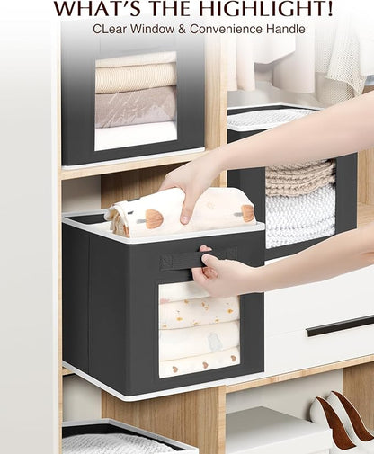 Homsorout Cube Storage Bins - Fabric Shelves for Closet Organization, Foldable Storage Bins for Clothes, Decorative Storage Baskets with Window for Home, Set of 6, Black