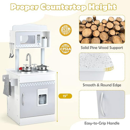 HONEY JOY Kids Kitchen Playset, Double Side Little Chef Play Kitchen for Toddlers, Oven & Sink, Ice Cube Dispenser, Utensils, Microwave, Storage Cabinet, Wooden Pretend Play Toy Kitchen Set, Gray