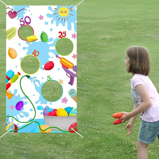 Summer Pool Toss Game Banner with 3 Bean Bags Outdoor Sport Activity for Kids 4 Score Holes Splash Water Ball Banner Birthday Party Decoration Supplies for Kids Adults, Blue