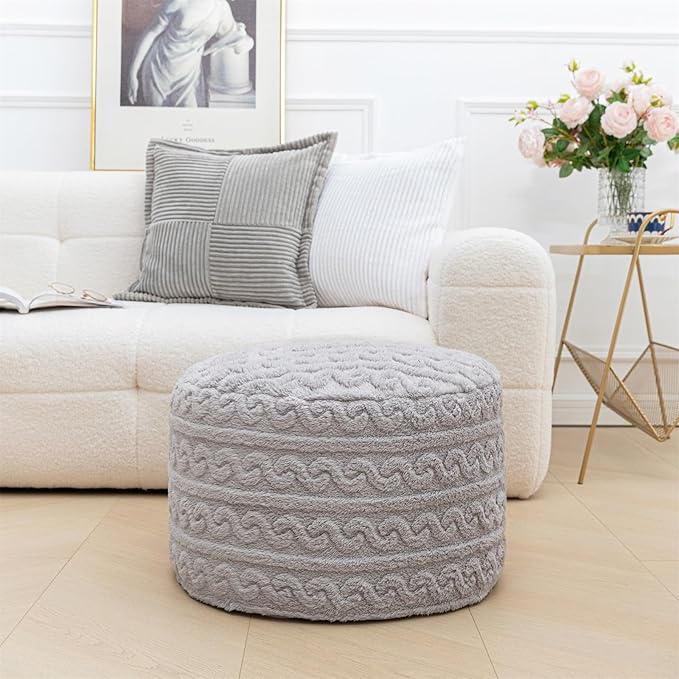 Asuprui Round Pouf Ottoman Stuffed Floor Pouf Foot Stool Floor Chair for Living Room Bedroom Foam Filled Boho Poof Foot Rest for Couch 20 Diameter x 12 Height Inches Light Gray Pouf with Filler