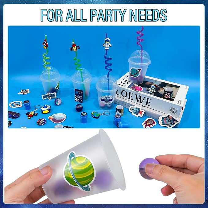 LiYiQ 161 Pcs Space Party Favors with Cup Straws Stress Ball Space Pins Slap Bracelets Keychains Stamps Stickers Twist Ties and Gift Card for Kids Space Birthday Party Supplies (style 1)