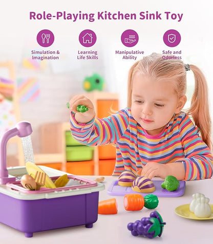 Geyiie Kitchen Sink Toy for Toddlers, Play Sink with Running Water, Upgraded Real Faucet, Dish Rack & Play Cutting Food, Kids Kitchen Sink Toy Gifts for 3 4 5 6 7 Years Old