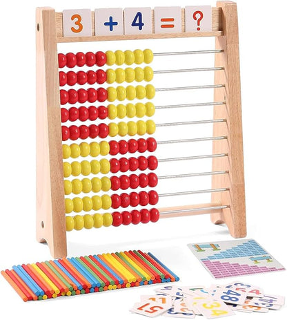 Wooden Abacus for Kids Math Learning Tool with Counting Sticks Numbers 1-100 Cards Math Counters Toys for 1st 2nd Grade Preschool Boys Girls Educational Early Math Learning Toy
