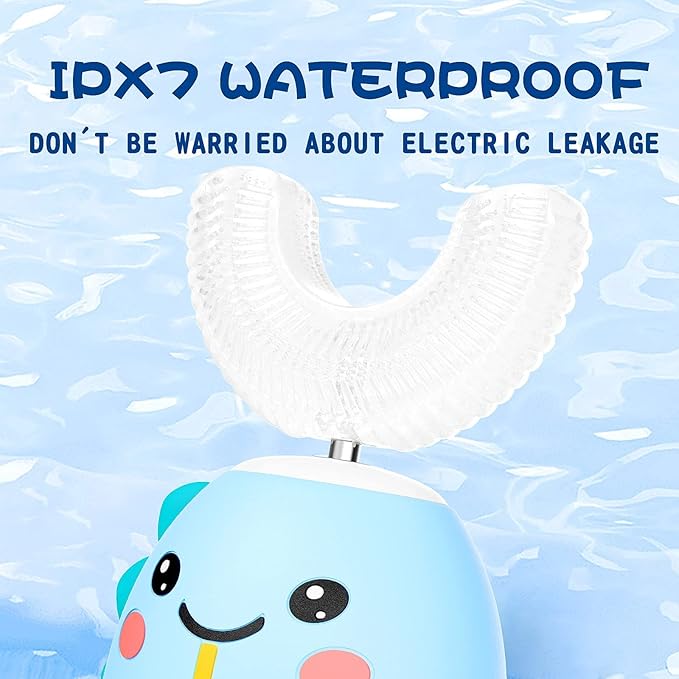 Kids U Shaped Electric Toothbrush with 4 Brush Heads, Sonic Toothbrush Kids with 5 Modes, Cartoon Dinosaur 360-Degree Cleaning IPX7 Waterproof Design (2-6 Age (Blue))