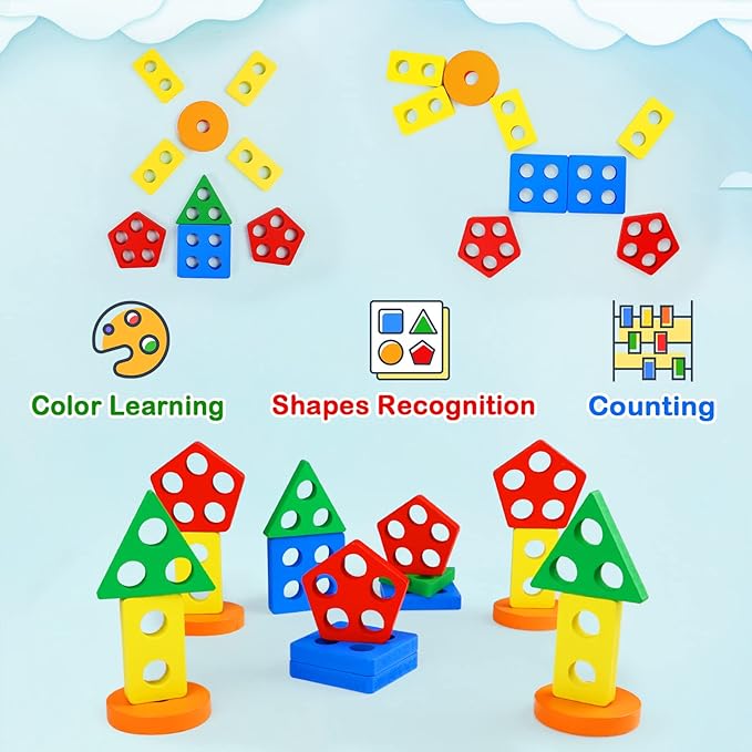 PEBIRA Montessori Toys for 1 to 3-Year-Old Boys Girls Toddlers, Wooden Sorting & Stacking Toys for Toddlers and Kids Preschool, Educational Toys, Color Recognition Shape Sorter, Learning Puzzles Gift