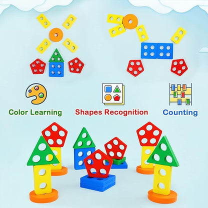 PEBIRA Montessori Toys for 1 to 3-Year-Old Boys Girls Toddlers, Wooden Sorting & Stacking Toys for Toddlers and Kids Preschool, Educational Toys, Color Recognition Shape Sorter, Learning Puzzles Gift