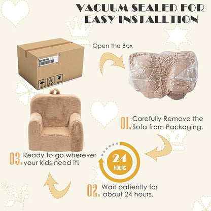 Snuggly-Soft Cuddly Toddler Plush Armchair for Boys and Girls Fuzzy Plush Kids Sofa Couch Reading Chair with Children Friendly Handle for Easy Movement & Double Pockets for Good Storage, Camel