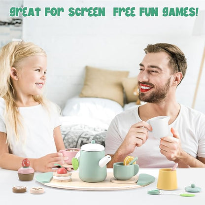 GAGAKU Wooden Tea Set for Kids, Wood Tea Party Set for Little Girls Wooden Coffee Afternoon Tea Toys Play Food forToddler Pretend Play Kitchen Accessories for Kids