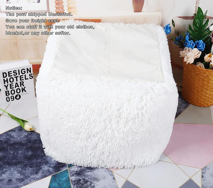 Asuprui Square Pouf Ottoman Unstuffed White 18x18x15 Inches Fuzzy Storage Bean Bag Unstuffed Pouf Ottoman Foot Rest NO Filler Ottoman Pouf for Living Room Bedroom Cover ONLY