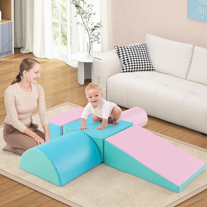 HONEY JOY 5-Piece Climb and Crawl Playset, Soft Climbing Foam Block Activity Play Structure Gym Equipment for Infant Baby, Color Coordination, Waterproof Indoor Climbing Toys for Toddlers (Green)