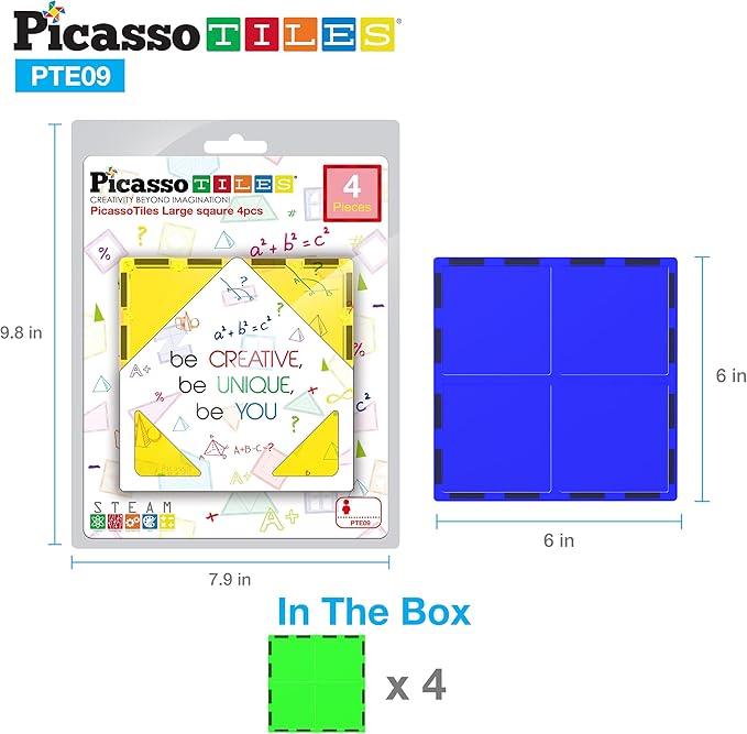 PicassoTiles Magnetic Building Block Large Square Shape Magnet Tiles Construction Toy STEM Learning Kit Educational Playset Playboard Pretend Play Stacking Blocks Child Brain Development PTE09