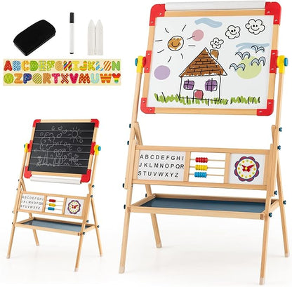 HONEY JOY Easel for Kids, Rotatable Double-Sided Wooden Toddler Easel w/Magnetic Chalkboard & White Board, Paper Roll, Painting Accessories, Dry Erase Board, Art Easel for Boys Girls