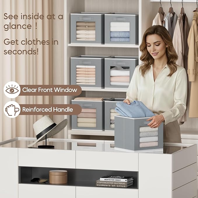 Homsorout Bins for Closet Organization - Cubby Storage Organizer with Window, Closet Baskets for Shelves, Folding Cubes for Storage, Storage Bins for Home, 11inch, Set of 8, Grey
