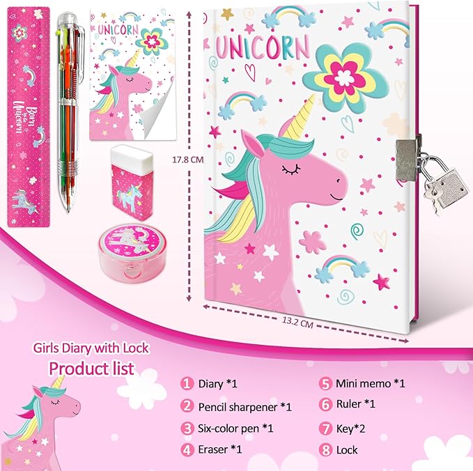 Unicorn Girls Diary with Lock, Set of Diary for Girls Incl. Kids Journal with Lock & Pen (6-Multicolor) Memo Ruler Sharpener Eraser Pink Girls Journal Writing Notebooks for Kids Gifts for Girls 6-8
