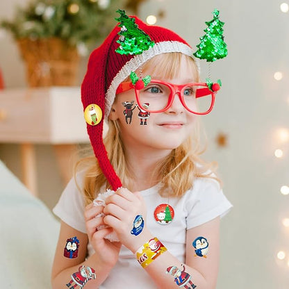 Cinrobiye 144pcs Christmas Slap Bracelets Button Pins Tattoo Stickers Christmas Snap Bracelets Xmas Badges Party Favors Supplies for Holiday School Reward Goodie Bag Stocking Stuffers Fillers(Set 1)