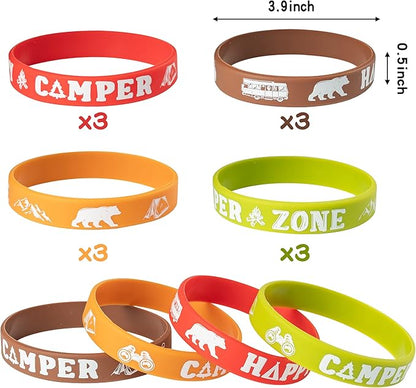 ANGOLIO 84Pcs Spring Camping Party Favors Kit Happy Camper Party Gifts Silicone Bracelets Stickers Keychains Badges for Kids Friends Summer School Camping Adventure Birthday Supplies