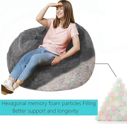 Bean Bag Chairs with Faux Rabbit Fur Cover, 3 ft Giant Memory Foam Bean Bag Chairs for Adults/Teens with Filling,Ultra Soft Faux Fur Fabric, Round Fluffy Sofa for Living Room Bedroom College Dorm