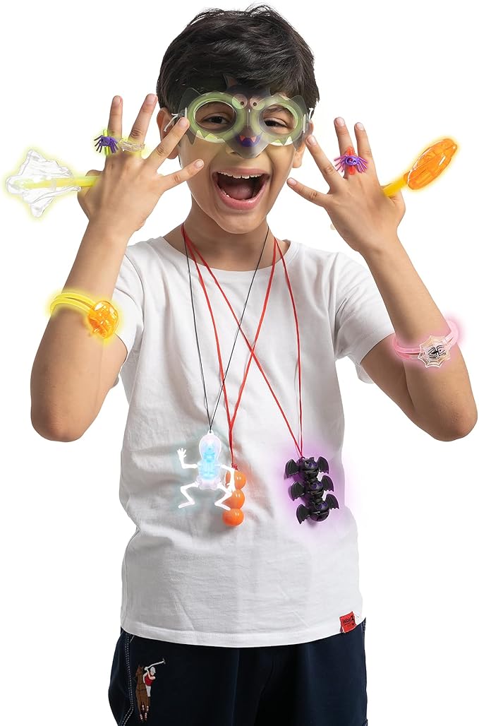 JOYIN 72 Pcs Halloween Glow Stick Bulk Light Up Party Supplies with 3 Eyescover, 3 Pendants, 6 Rings, 6 Wands, 6 Bracelets, 48 Glow Sticks for Halloween Glow in the Dark Party Favor Goodie Bag Fillers