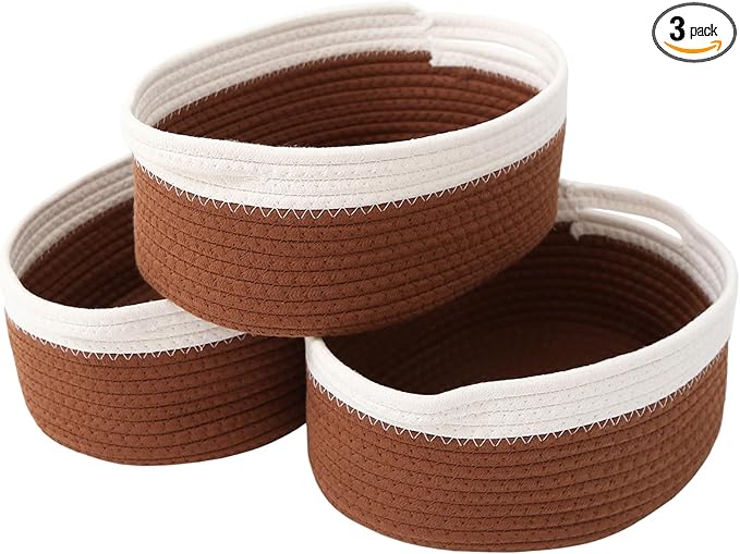 JMvicyroam Woven Basket,Small Rope Storage Bin with Handles & Ribbon Bag, Organizer for Shelves Closets,Gift Basket Empty for Birthday,Books,Dog Toys, White&Brown/3 Pack