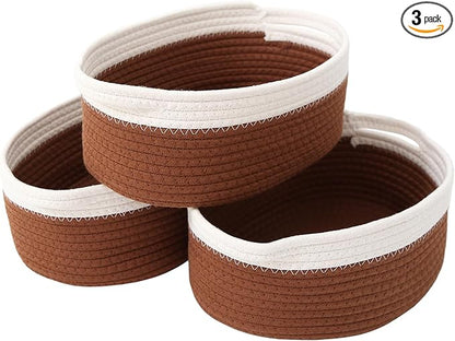 JMvicyroam Woven Basket,Small Rope Storage Bin with Handles & Ribbon Bag, Organizer for Shelves Closets,Gift Basket Empty for Birthday,Books,Dog Toys, White&Brown/3 Pack