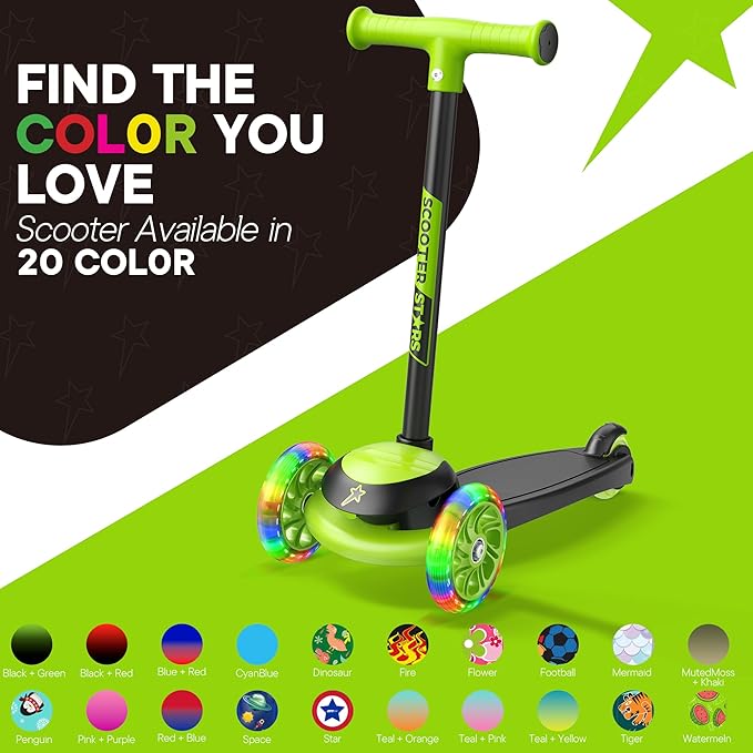 3 Wheel Scooter for Kids, Smooth Light Up LED Front Wheels, Wide Anti Slip Deck, Rear Foot Brake, Easy Lean to Steer Maneuvering, Indoor & Outdoor Ride On Toys for Ages 2 Up,