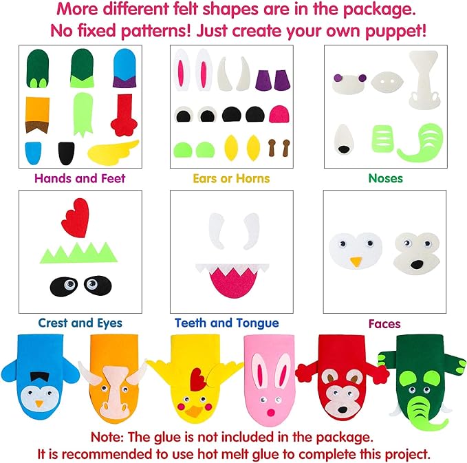 WATINC 12Pcs Hand Puppet Making Kit for Kids Art Craft Felt Sock Puppet Toys Creative DIY Make Your Own Puppets Pompoms Storytelling Role Play Party Supplies Christmas Gift for Girls Boys