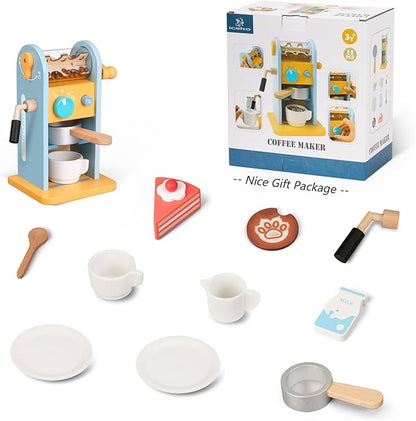 ICEKO Wooden Toy Coffee Maker Set with Grinder - 11pcs Realistic Play Kitchen Accessories for Kids - Pretend Play Toys - Kitchen Playset for Girls and Boys