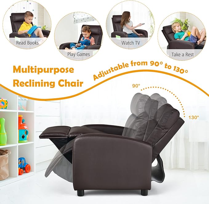 Costzon Kids Recliner, Adjustable PU Leather Lounge Chair w/Side Pockets, Footrest, Headrest for Kids Room & Play Room, Easy to Clean, Padded Recliner Sofa for Children Boys Girls Aged 3-12 (Brown)
