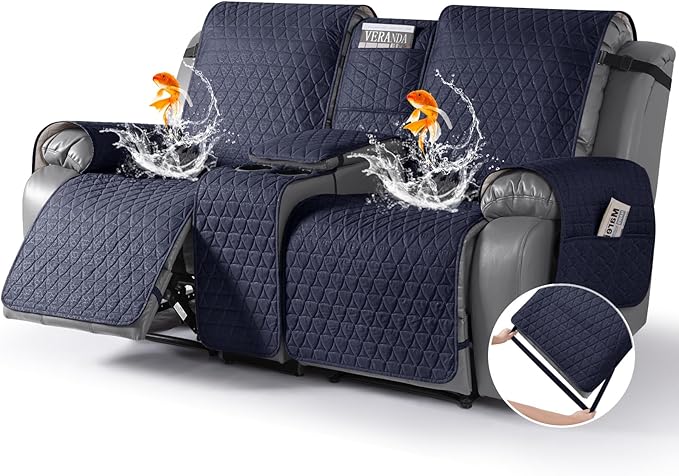 TAOCOCO 100% Waterproof Recliner Cover -Loveseat Recliner Cover with Center Console,Non-Slip Reclining Couch Covers for 2 Seat,with Elastic Straps Pocket for Kids, Dogs(Dark Blue, 2 Seater XL)