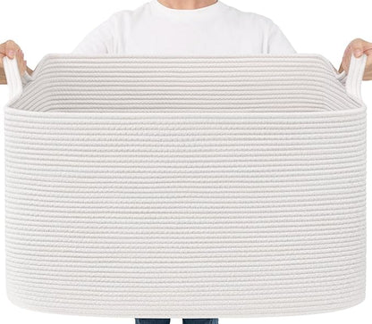 Goodpick 85L Large Woven Blanket Basket 23.6" x 15.7" x 13.8" Cotton Rope Storage Baskets for Organizing, Soft Dirty Clothes Basket for Bedroom Bathroom, Toy Baskets Storage Kids, White